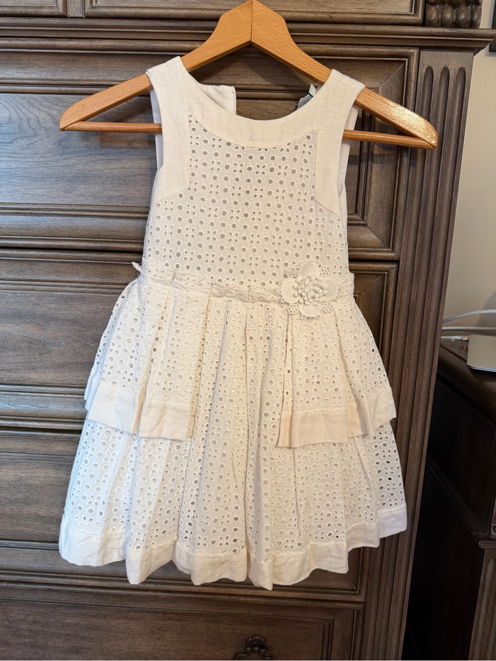 Girls Cream Eyelet Sleeveless Dress with Floral Waist Accent